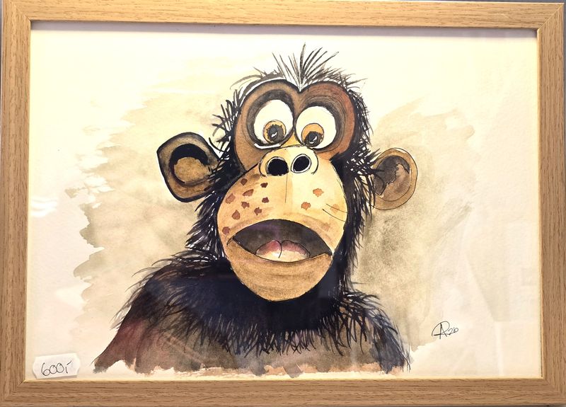 Maleri, Anne-Mette, Akvarel, Den overraskede abe