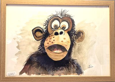 Maleri, Anne-Mette, Akvarel, Den overraskede abe