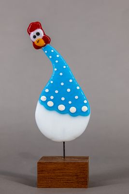 Glasfigur, Høne, tegneserie look, hvid, turkis, på træfod Glasfigur, Høne, tegneserie look, hvid, turkis, på træfod