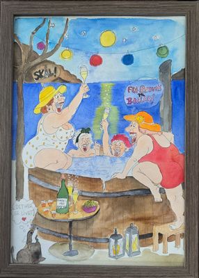 Maleri, Anne-Mette, Akvarel, Bobler under stjernerne Humoristisk akvarel af en gruppe mennesker, der skåler i et vildmarksbad under kulørte lamper.