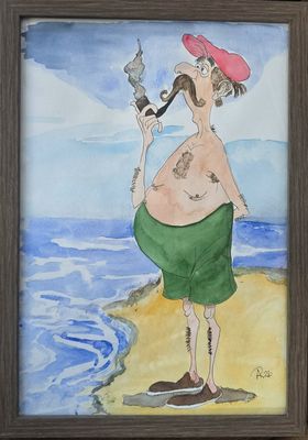 Maleri, Anne-Mette, Akvarel, Piben ved havet Humoristisk akvarel af en moustacheprydet mand med pibe og grønne shorts på stranden.