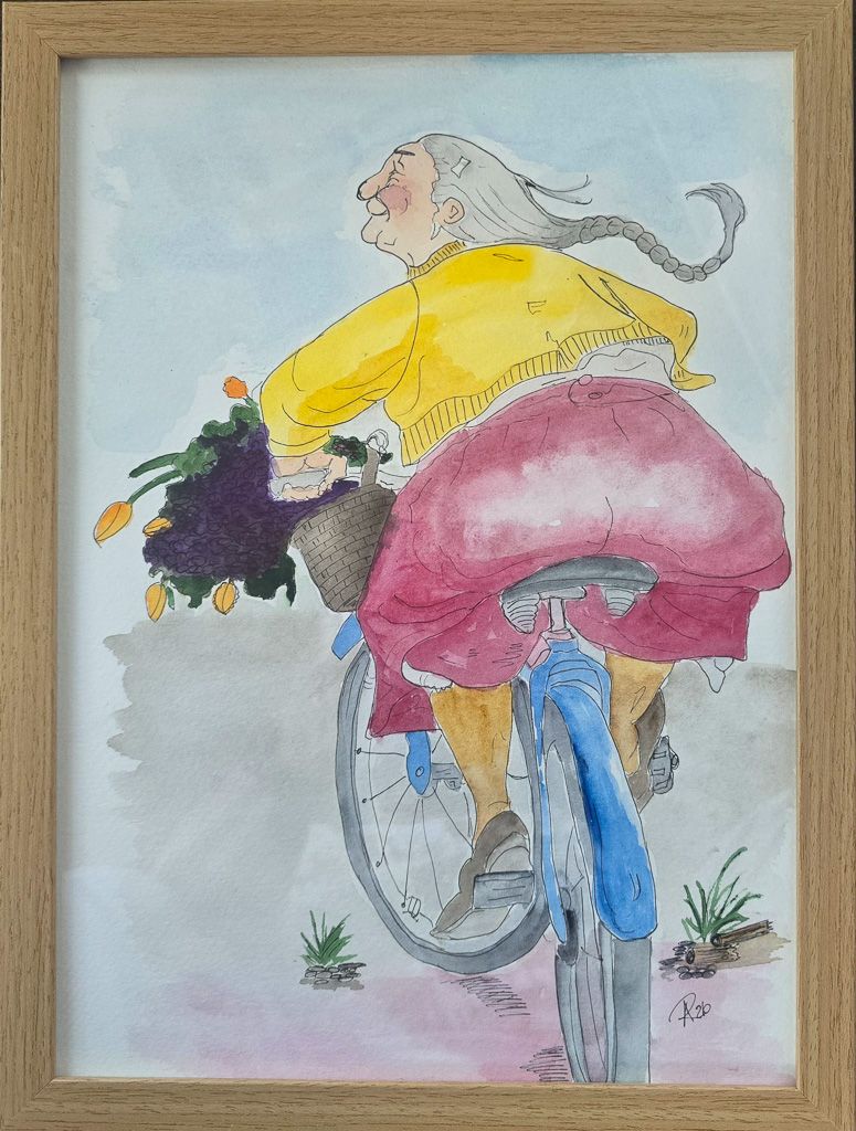 Maleri, Anne-Mette, Akvarel, Blomster på cyklen Humoristisk akvarel set bagfra af en kvinde på blå cykel med blomsterfyldt kurv.