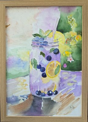 Maleri, Anne-Mette, Akvarel, Sommer i glasset Maleri, Anne-Mette, Akvarel, Sommer i glasset
