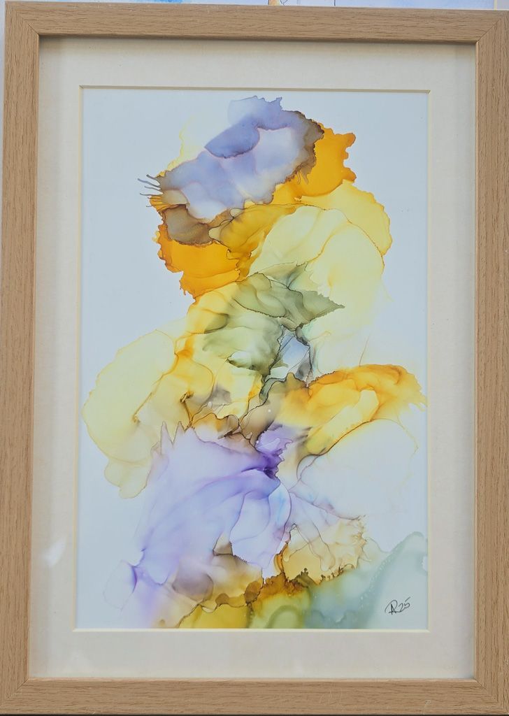 Maleri, Anne-Mette, Ink, Solstrejf Abstrakt ink-værk af Anne-Mette Romme med flydende gule, orange, violette og grønne farver.