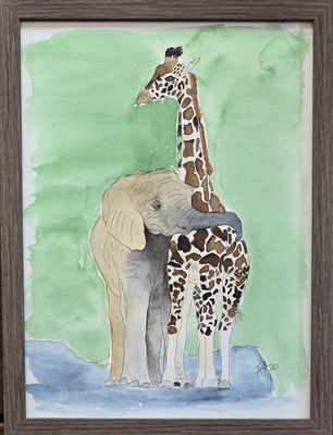 Maleri, Anne-Mette, Akvarel, Tryghed Akvarel af en elefant og giraf tæt sammen, mens elefanten holder snablen omkring giraffen.