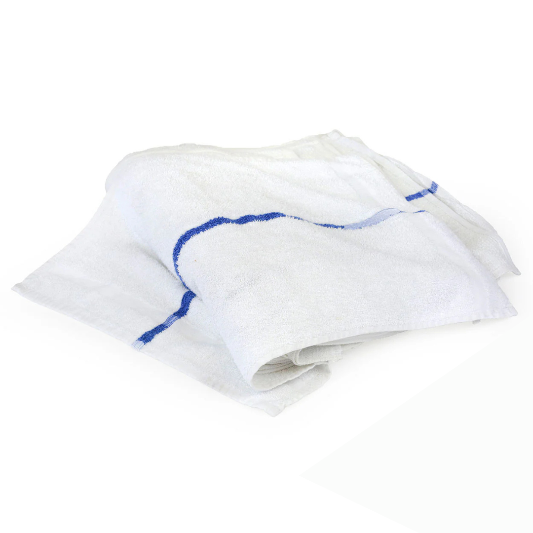 New White Terry Gym Towel with Blue Center Stripe - 12dz