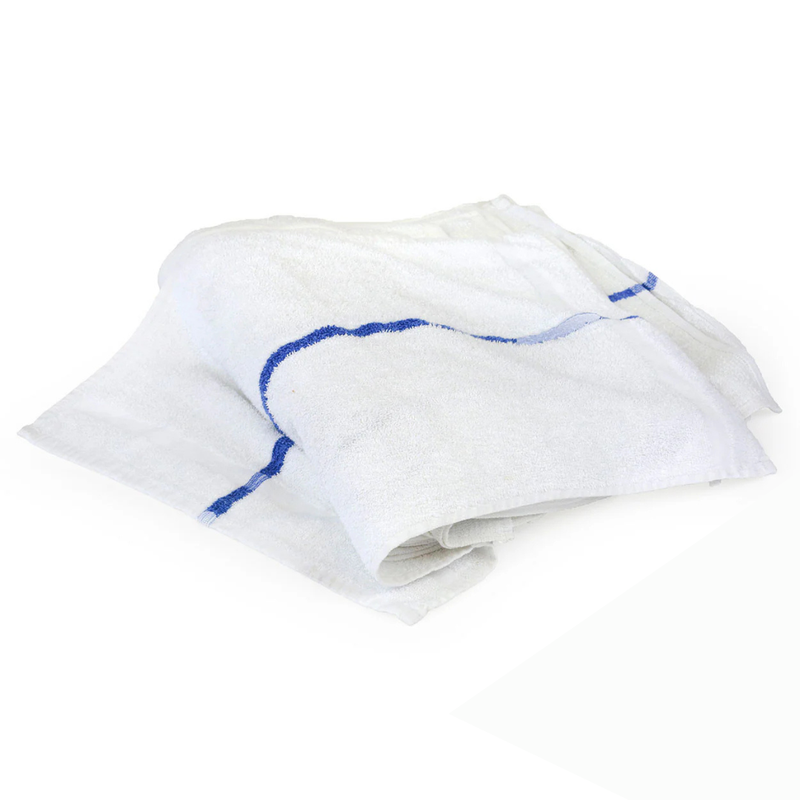 New White Terry Gym Towel with Blue Center Stripe - 12dz