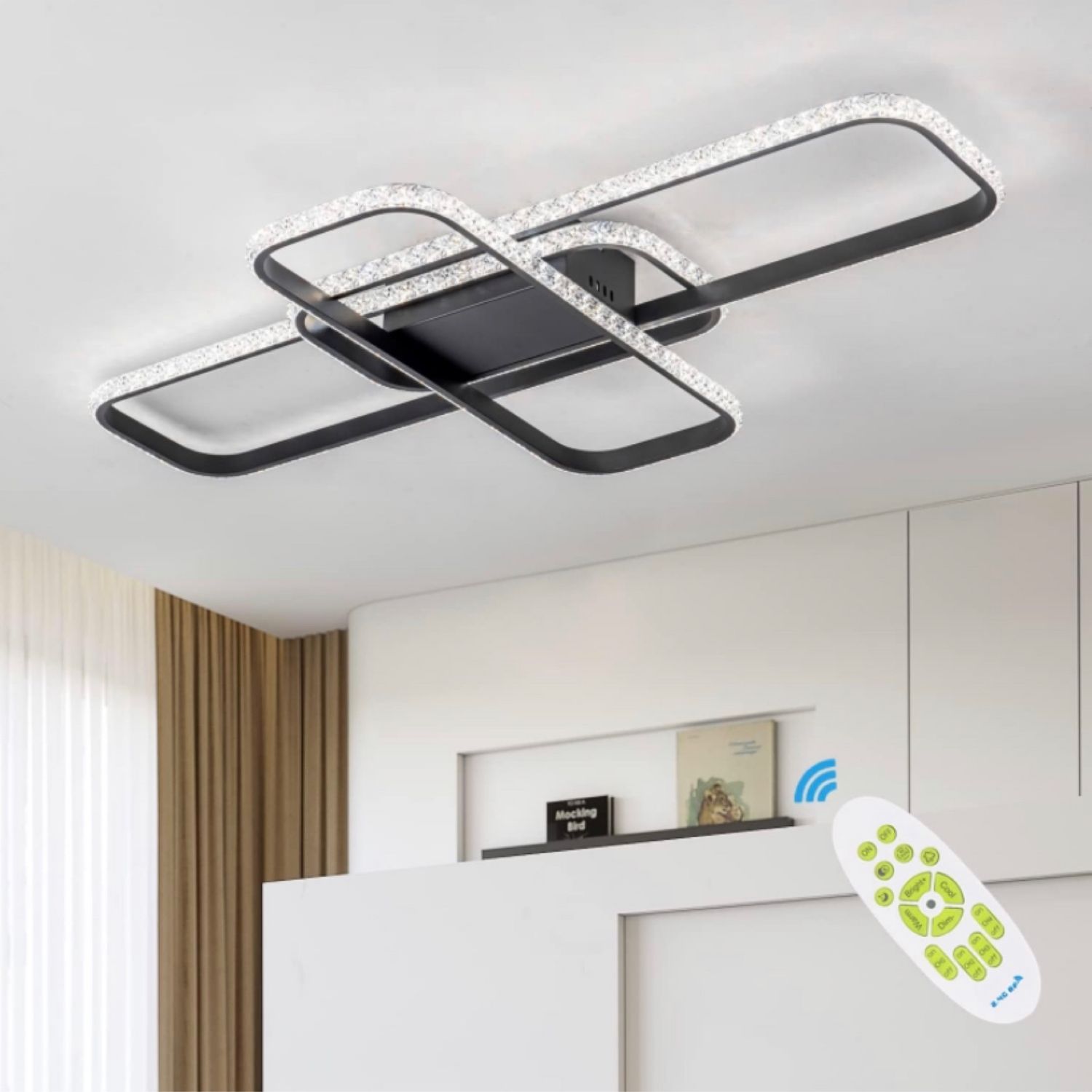 Modern LED Ceiling Light with Crystal Shape 46W Dimmable Flush Mount LED Ceiling Light with Remote Control 3 Square Acrylic Ceiling Lamp Chandelier for Kitchen Dining Living Room Bedroom, Black