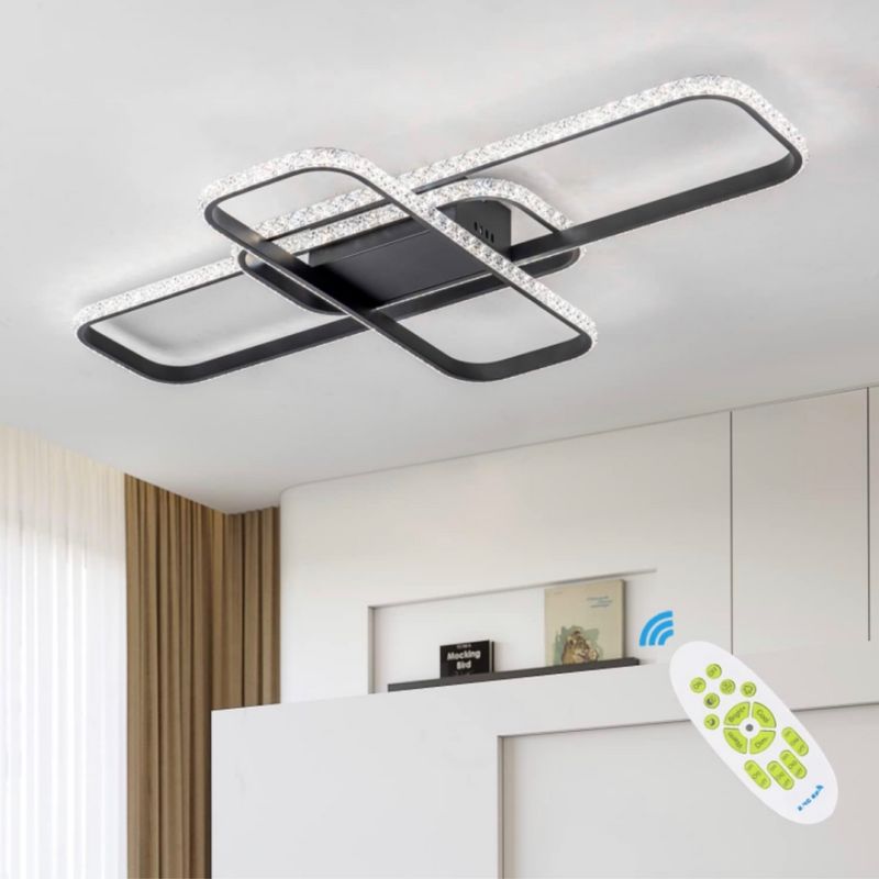 Modern LED Ceiling Light with Crystal Shape 46W Dimmable Flush Mount LED Ceiling Light with Remote Control 3 Square Acrylic Ceiling Lamp Chandelier for Kitchen Dining Living Room Bedroom, Black