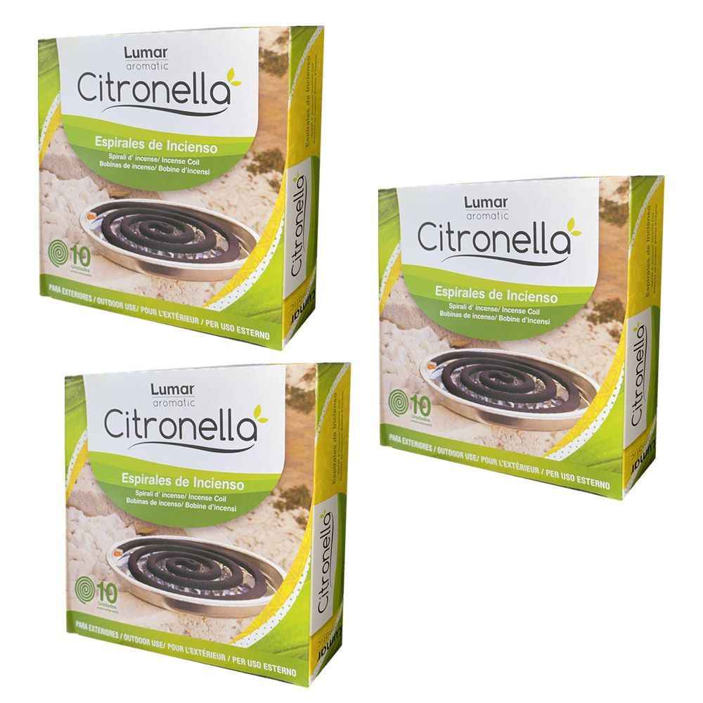 Pack de 3 x 10 Espirales de Incienso con Aroma Citronela. LUMAR. Incienso para Exteriores con Soporte de Aluminio. Aleja a los Insectos voladores.