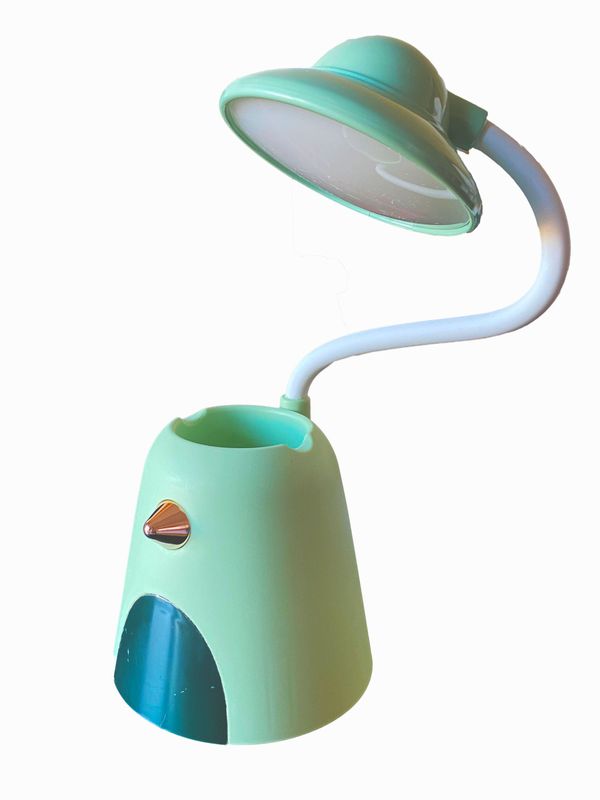Lámpara de escritorio versátil.Sin Cable. Flexo LED, carga USB. Soporte para Bolígrafos y Teléfono móvil. Rotación regulable 360º. Pájaro Verde.