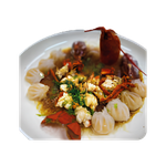Astice al vapore con ravioli di gamberi e spaghetti di soia