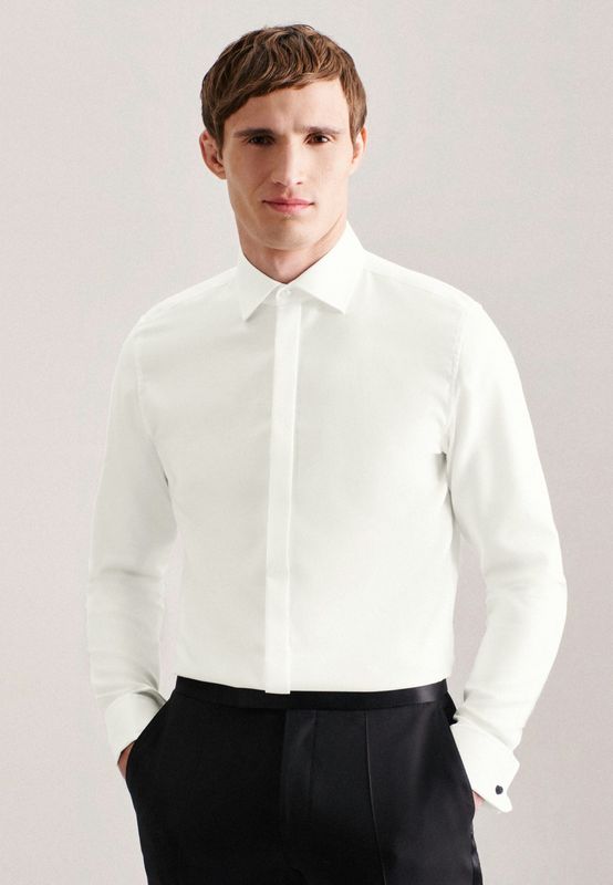 Trouwoverhemd – Slim Fit – Blinde Sluiting – Gebroken Wit – Twill