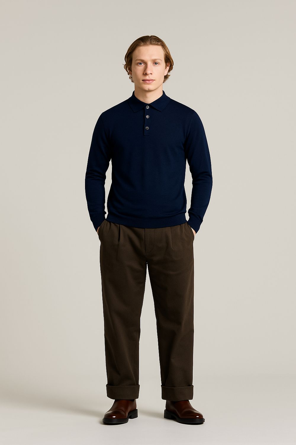 Wool &amp; Co - Donkerblauwe Longsleeve Polo - Merinowol