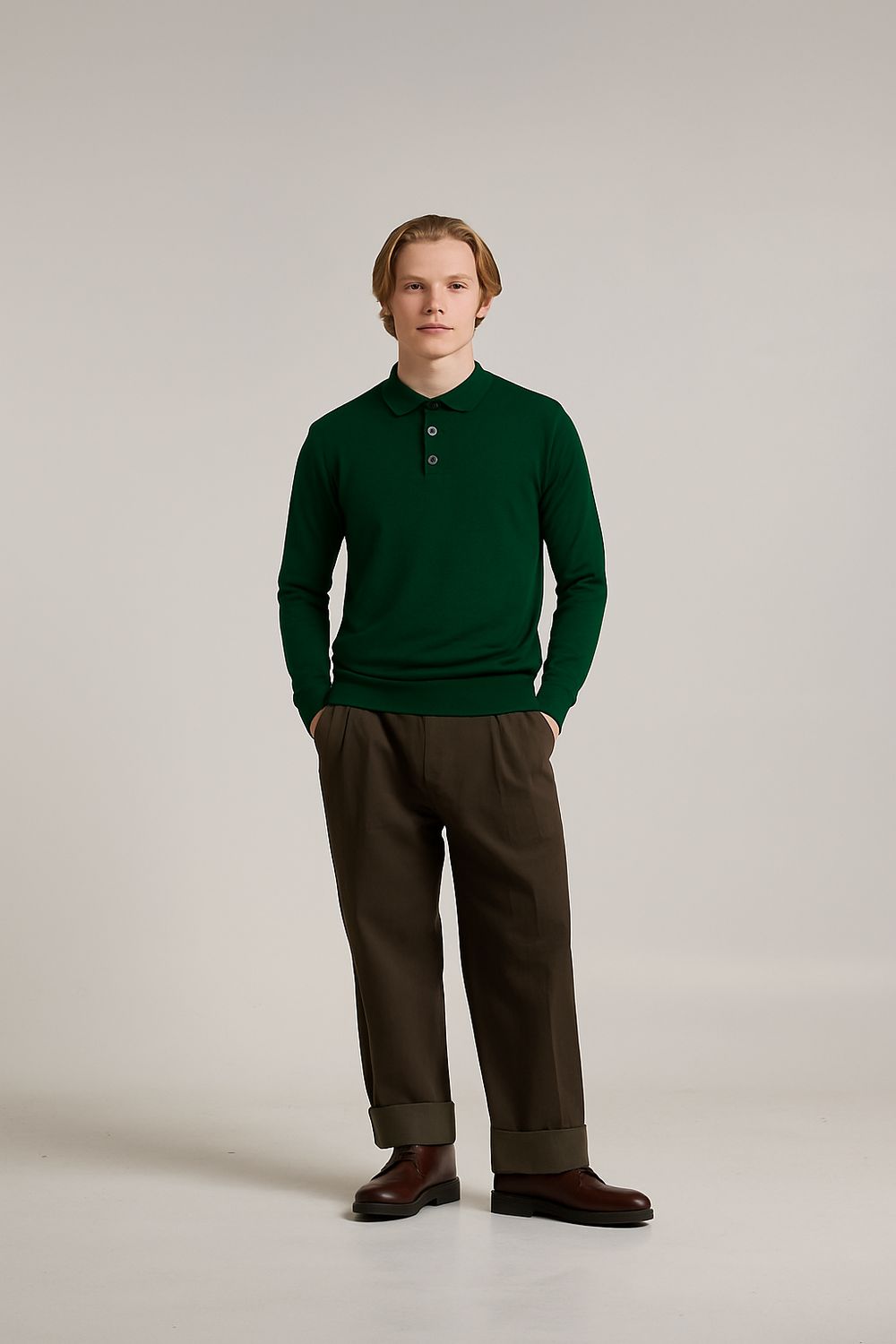 Wool &amp; Co - Donkergroene Longsleeve Polo - Merinowol