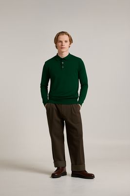 Wool &amp; Co - Donkergroene Longsleeve Polo - Merinowol