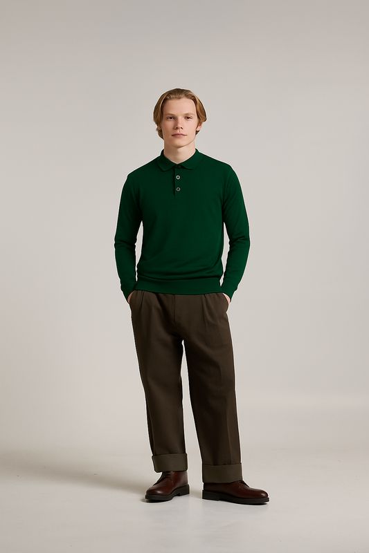Wool &amp; Co - Donkergroene Longsleeve Polo - Merinowol