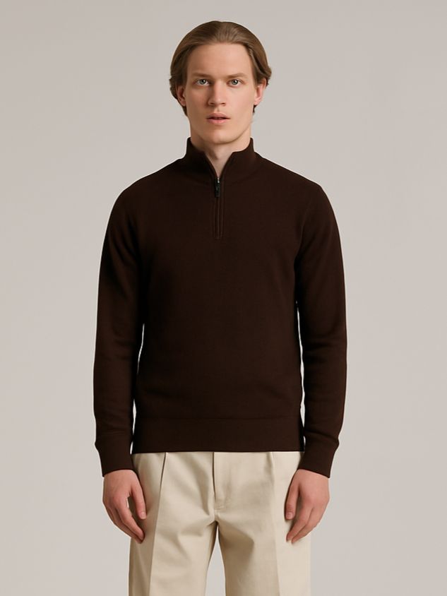 Wool &amp; Co - Donkerbruin Half Zip - Wol Cashmere