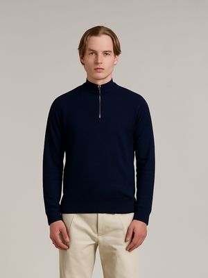 Wool &amp; Co - Donkerblauw Half Zip - Wol Cashmere