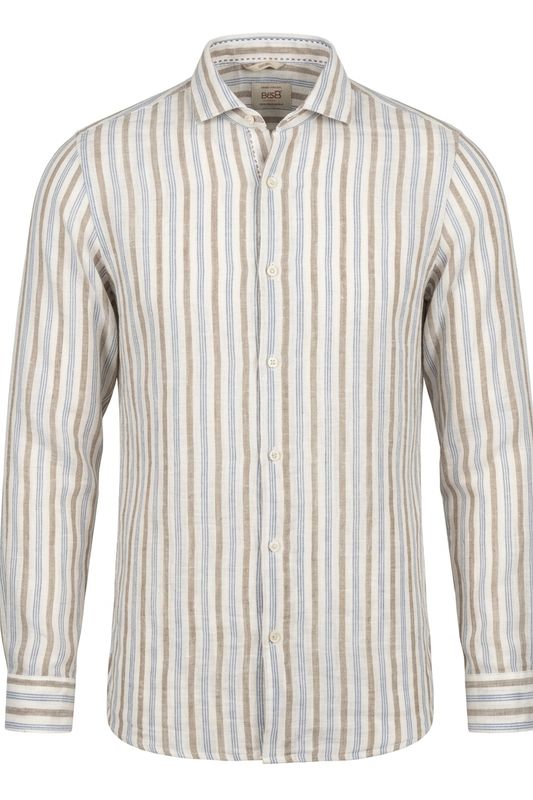 Bob Company  Linnen Overhemd – Handmade in Italy -Beige/Blauw Gestreept  - Lop