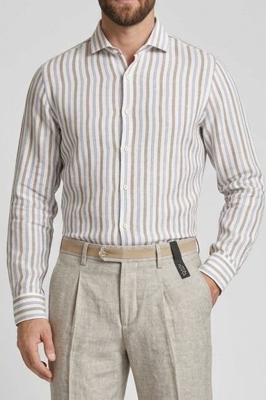 Bob Company  Linnen Overhemd – Beige/Blauw Gestreept  - Lop