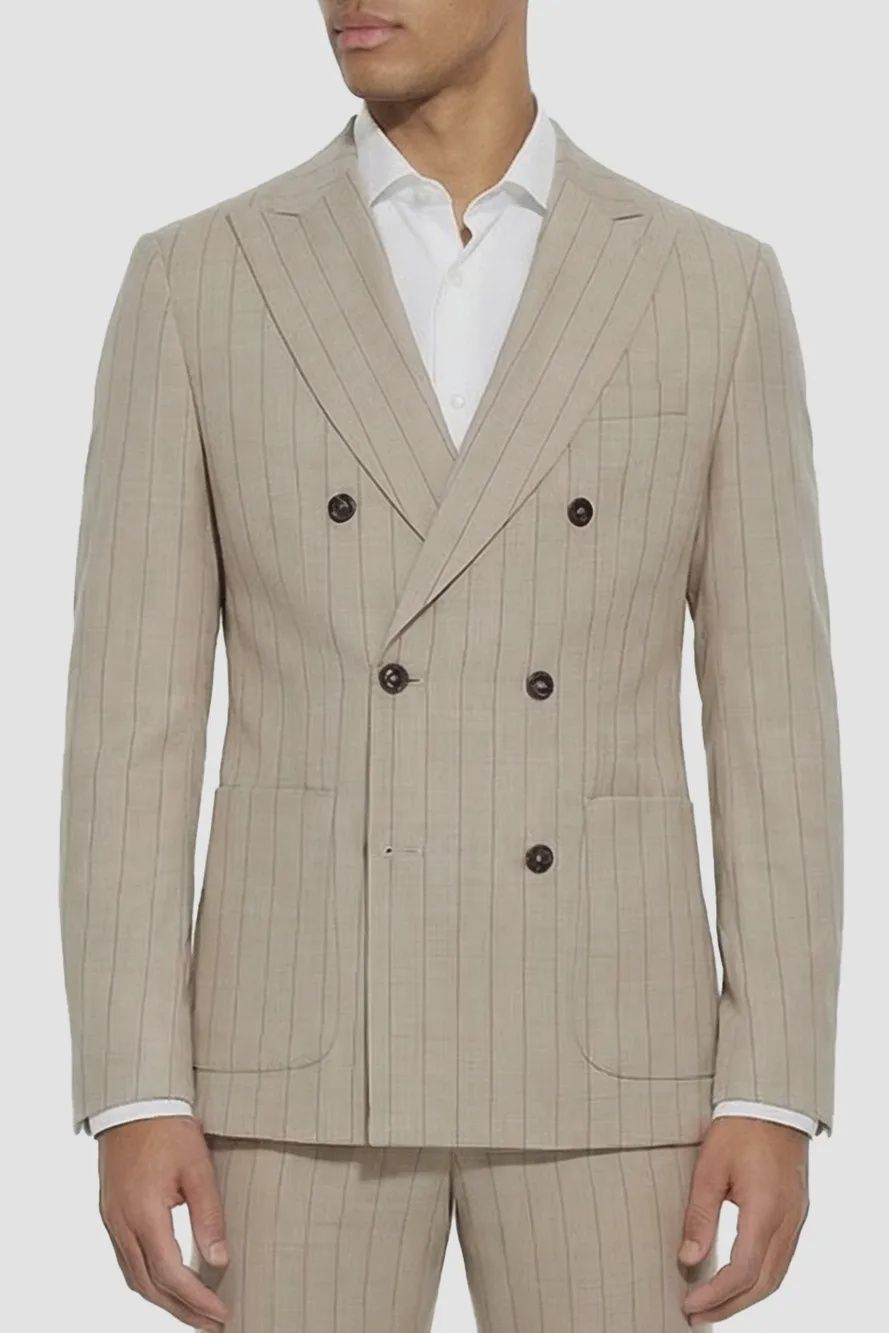 Double Breasted Pak- Zandkleur met krijtstreep - Italiaans Wol van Tolegno