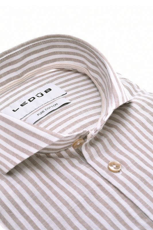 Ledûb Overhemd – Beige/Wit Gestreept- Puur Katoen - Modern Fit