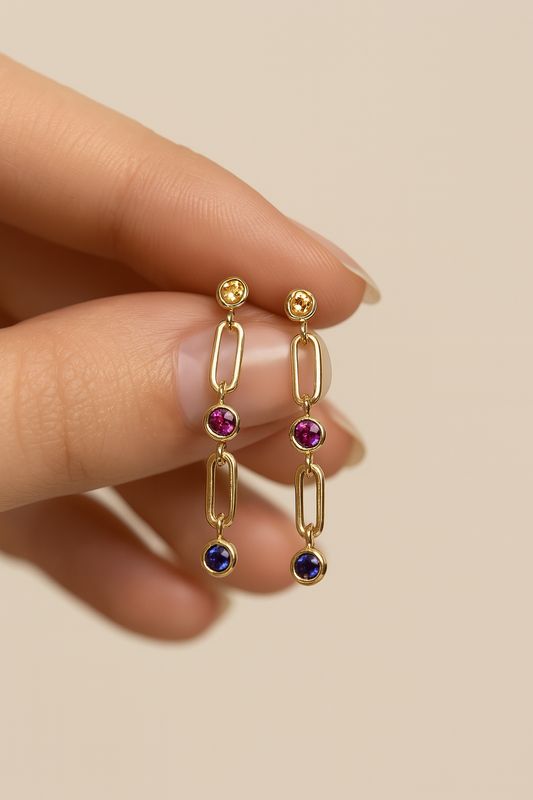 Multi Sapphire Paperclip  Dangle Earrings