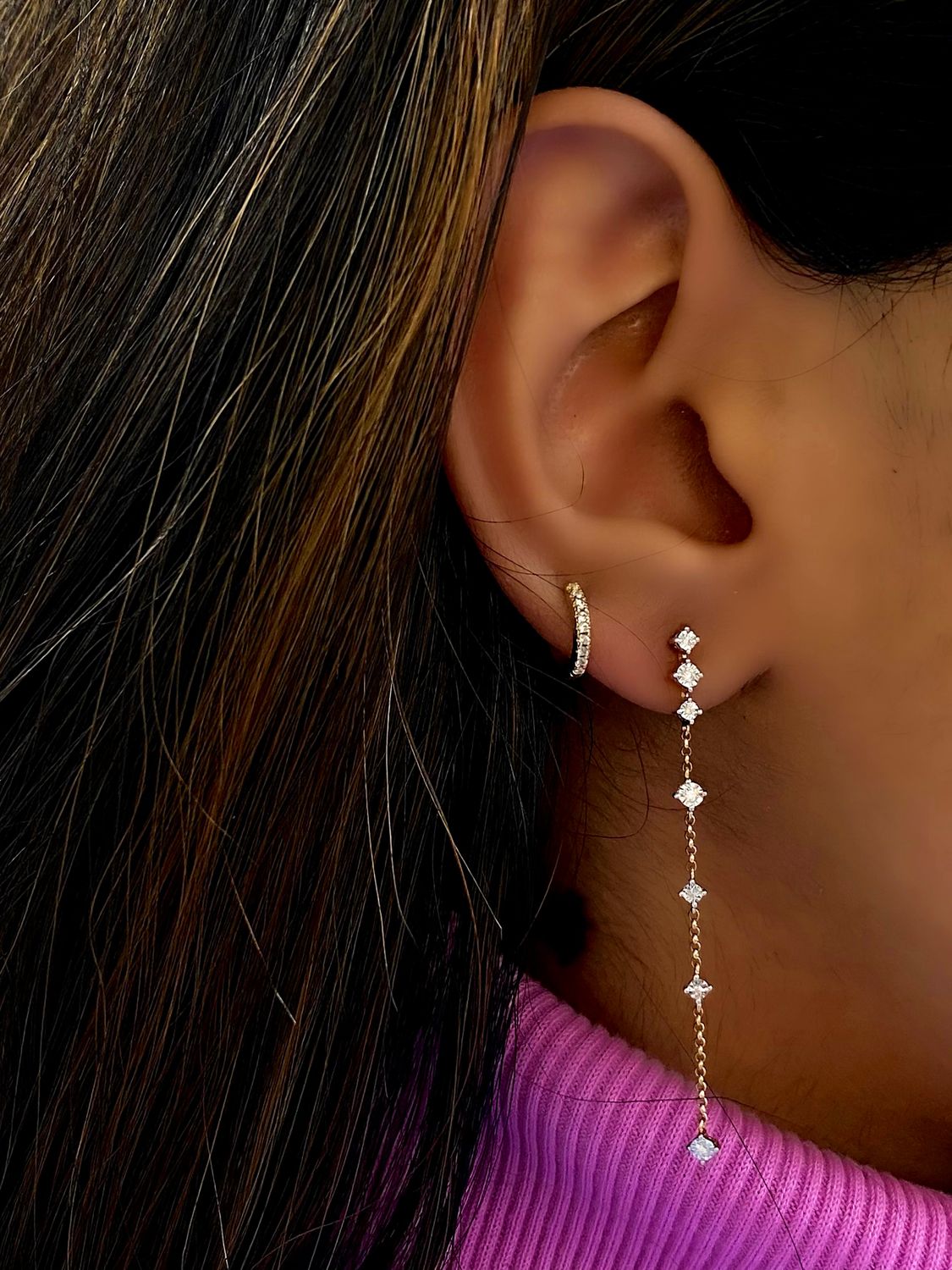 Diamond Cascade Drop Earrings, Colour: D: 0.09ct/14KWR: 1.79g