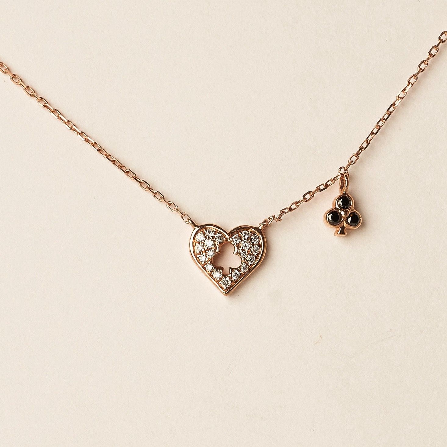 Diamond Heart &amp; Club Necklace, Colour: BD: 0.03ct/D: 0.05ct/14KR: 1.25g