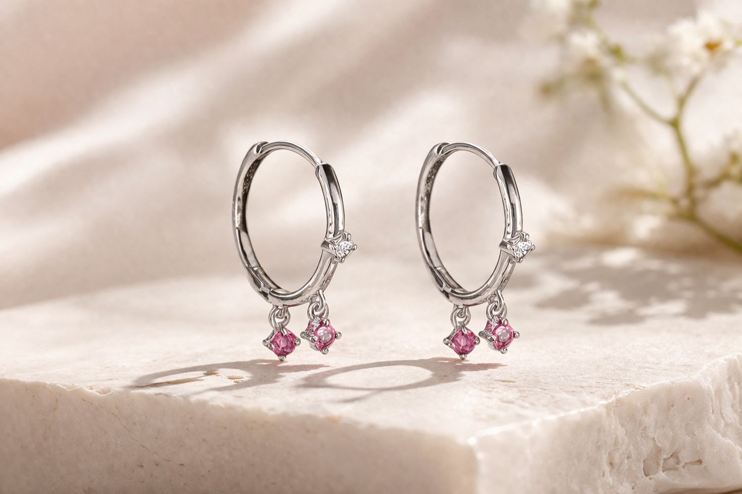 Pink Sapphire Raindrop Hoops