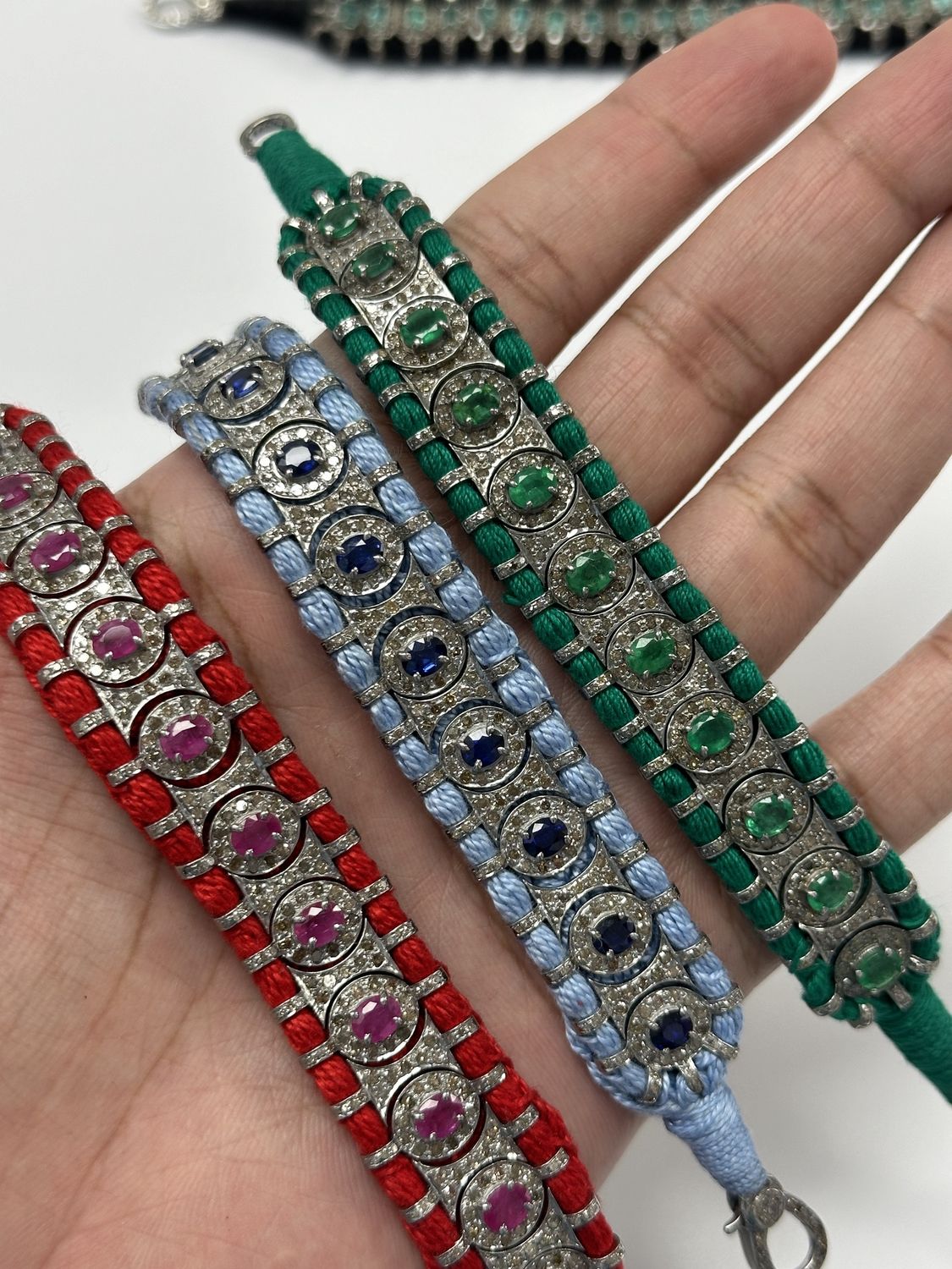 Floren Macrame Bracelet, Colour: SIL LT GRN EM-3.01ct D-2.72ct/14.31g