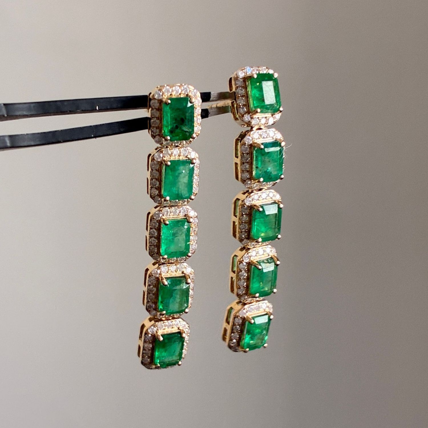 Emerald Halo Baroque Dangle Earrings, Colour: EM: 3.75ct/D: 0.94ct/14KY: 6.15g