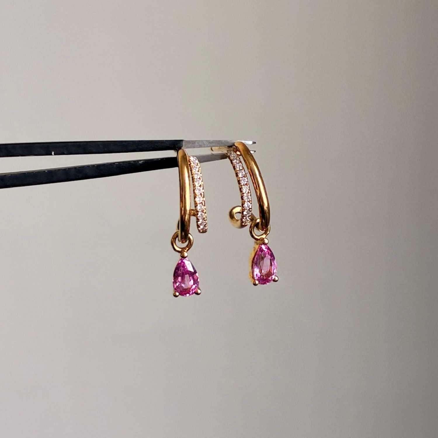 Pink Sapphire Double Drop Hoops