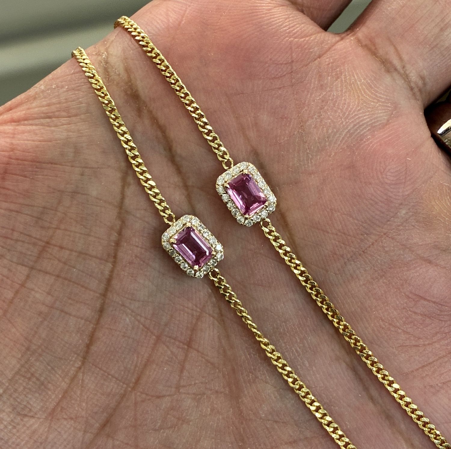 Large Pink Sapphire Halo Bracelet, Colour: 14KY PS-0.52ct D-0.14cts/2.74g