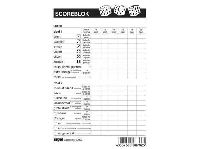Scoreblok Sigel - Voor Yahtzee - 105x148mm - 100 Vellen