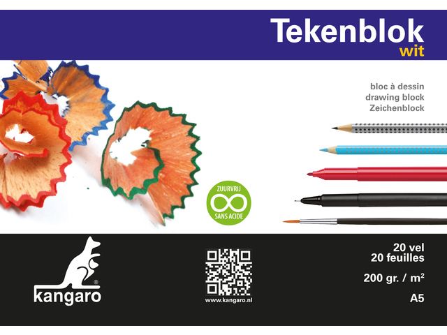 Tekenblok Kangaro A5 200 gr 20 Vel Wit Zuurvrij Gelijmd