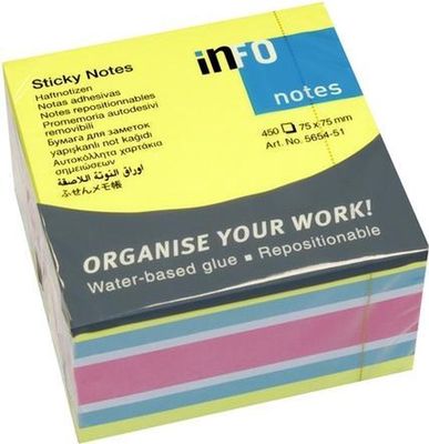 Info Notes 75x75mm Assorti Felle Kleuren (Blok à 450 vel  Geel/Blauw/Wit/Roze)