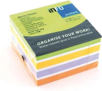 Info Notes 75x75mm Assorti Color Mix (Blok à 450 vel  Lime/Wit/Goud/Violet/Oranje)