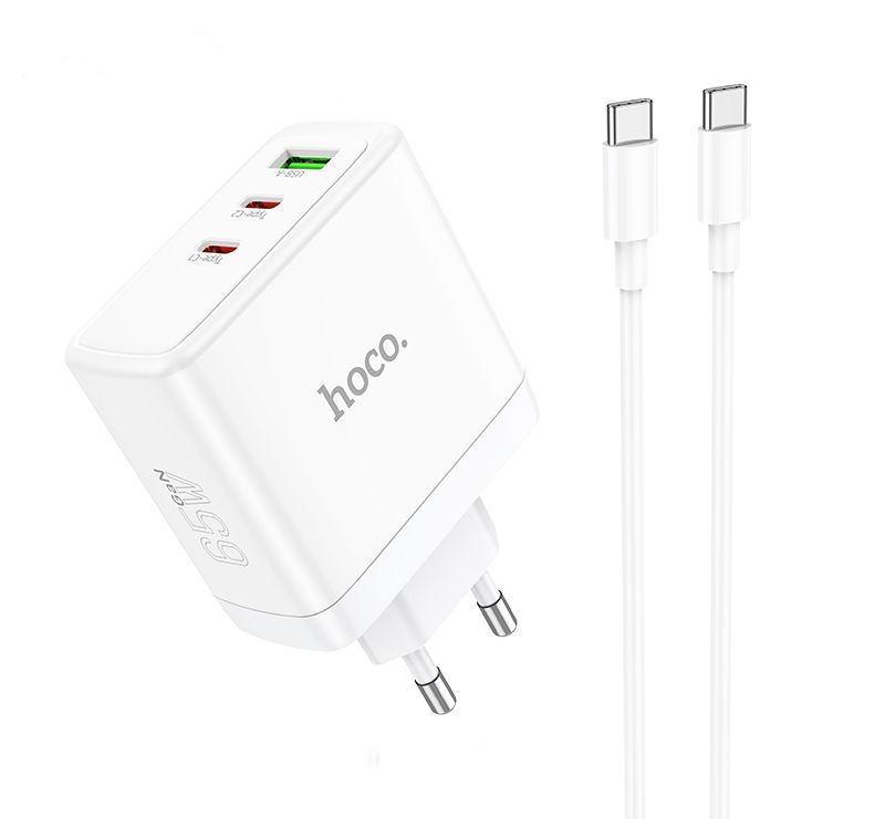 Hoco PD65W fast charger met 3 poorten en USB-C kabel - 1 meter