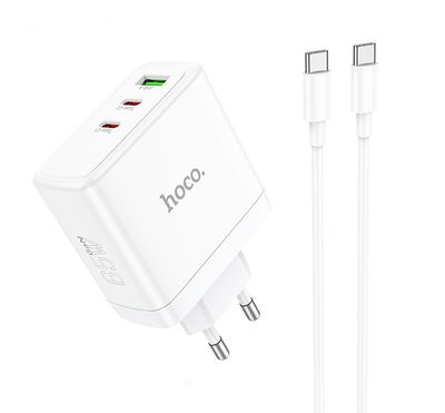 Hoco PD65W fast charger met 3 poorten en USB-C kabel - 1 meter