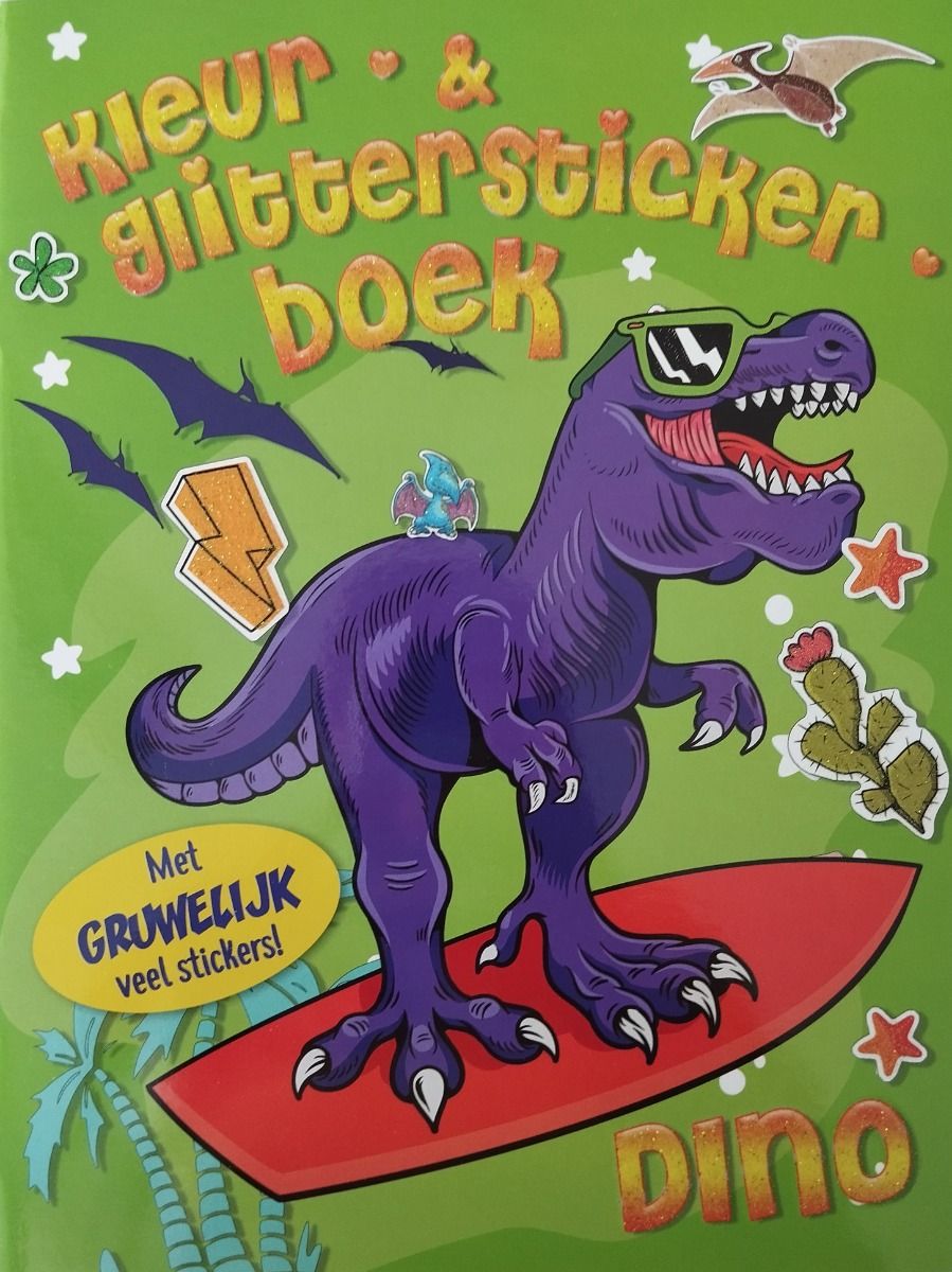 Kleur- en glitterstickerboek dino