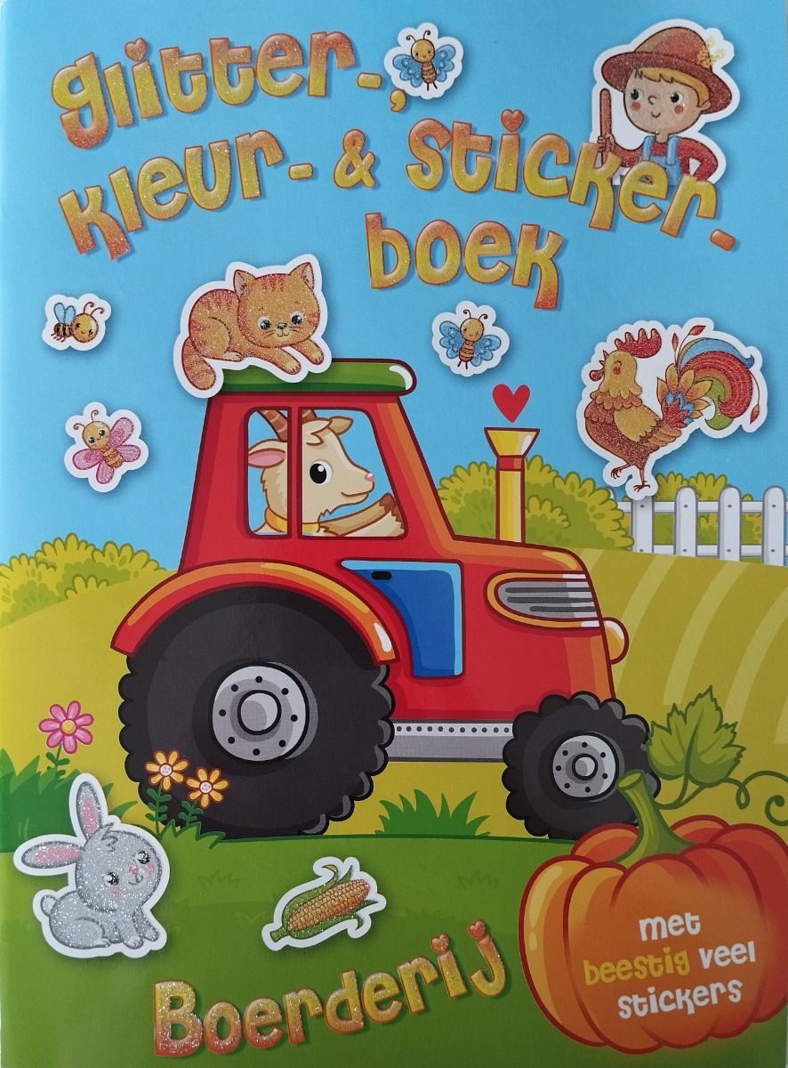 Glitter-  kleur- &amp; stickerboek boerderij geitje