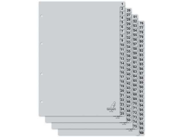 Kangaro A4 Tabbladen met Cijfers  PP 120 Micron  Grijs  4-gaats  100-delig