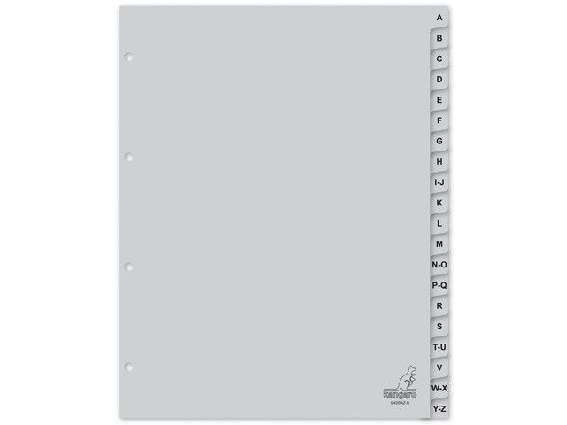 Kangaro A4 Tabbladen met Letters  PP 120 Micron  Grijs  4-gaats  20-delig  Extra Brede