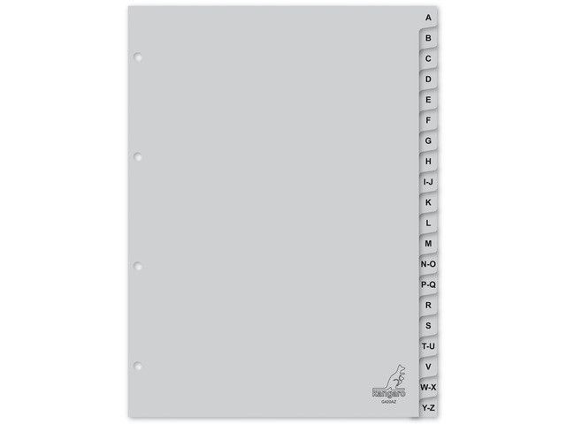 Kangaro A4 Tabbladen met Letters  PP 120 Micron  Grijs  4-gaats  20-delig