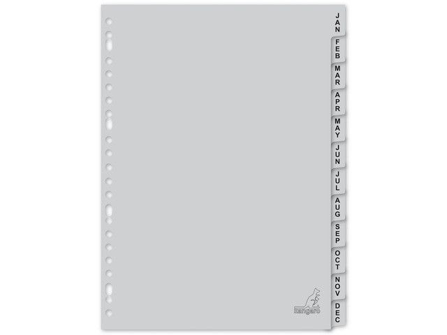 Kangaro A4 Tabbladen met Letters  PP 120 Micron  Grijs  23-gaats  12-delig