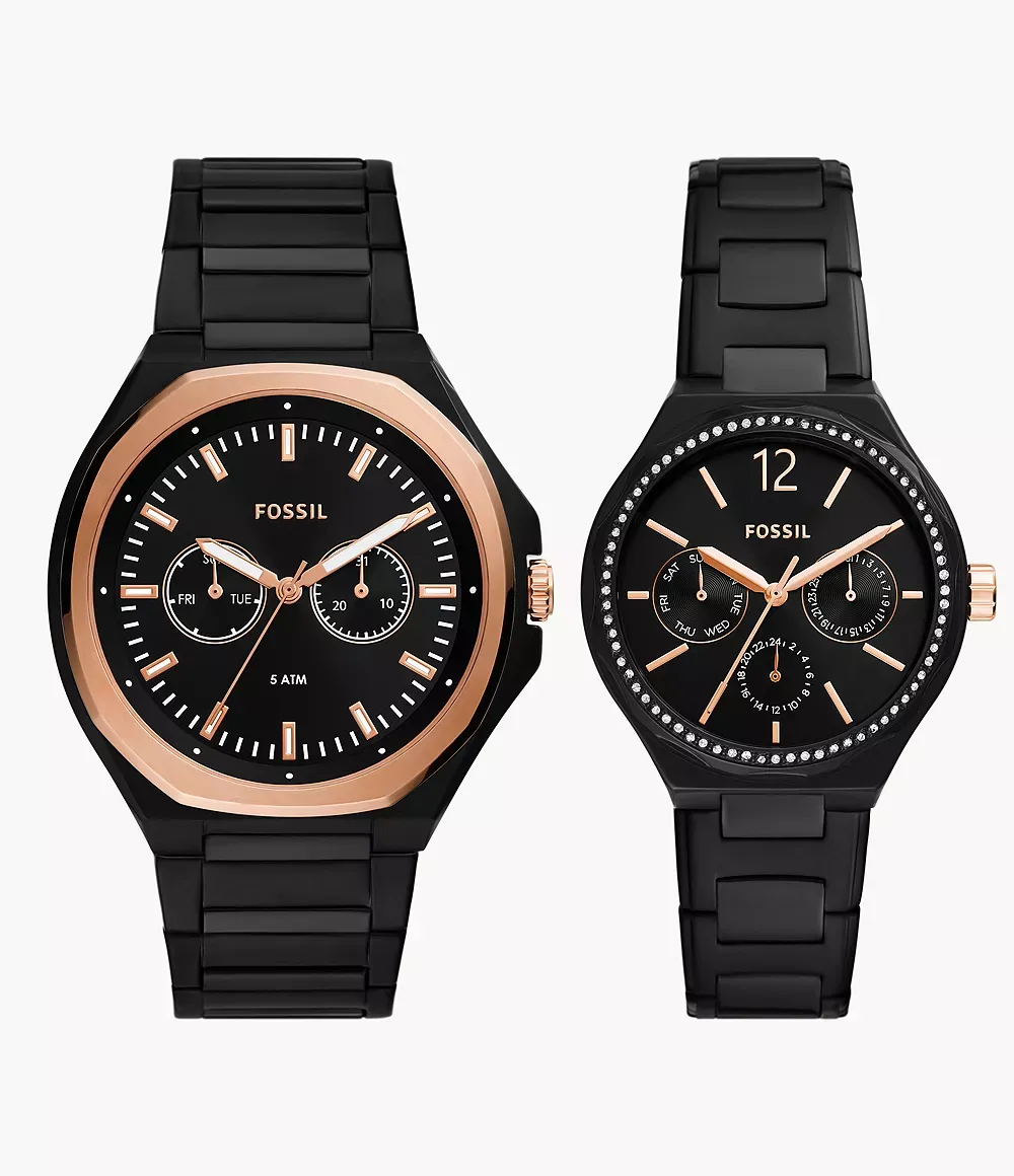 His &amp; Hers Black Stainless Steel Watch Set