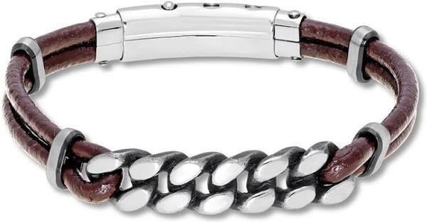 Brown Leather &amp; Stainless Steel Curb Bracelet