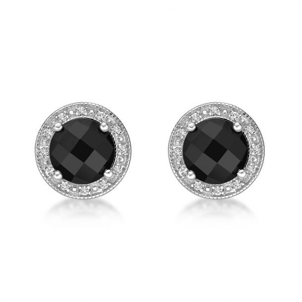 Round Black Onyx with Diamond Accent Halo Stud Earrings